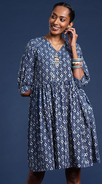 Svarchi Women Blue Woven Indigo printed Ethnic Motifs Casual Fit And Flare Dress