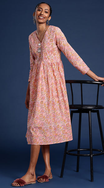 Svarchi Women Pink Bagru Print Ethnic Motifs Pure Cotton Maxi Dress