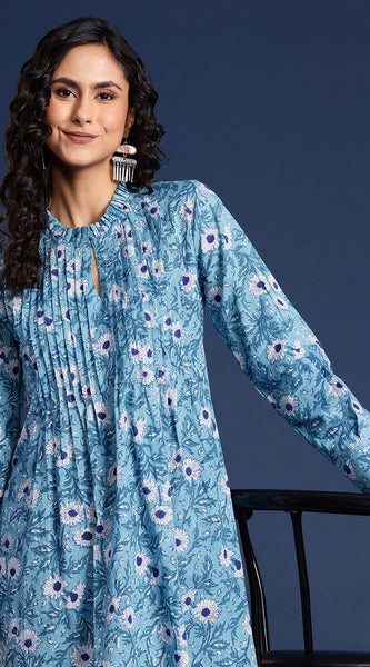 Svarchi Blue & White Bagru Hand Block Print A-Line Sustainable Pure Cotton Dress with Pleats & Ruffles