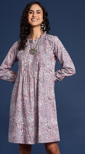 Svarchi Purple Bagru Print Hand Block Print A-Line Sustainable Pure Cotton Dress with Pleats & Ruffles