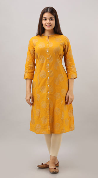 Svarchi Women's Rayon Printed A-Line Kurta (Yellow)