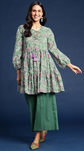 Svarchi Women Green Bagru Block Printed Tiered Kurti with Palazzos Set