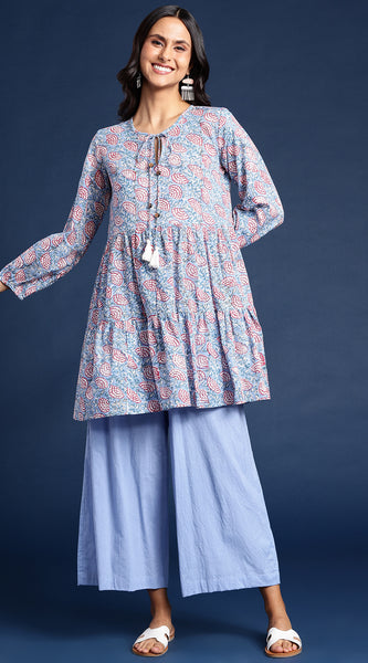 Svarchi Women Blue Bagru Block Printed Tiered Kurti with Palazzos Set