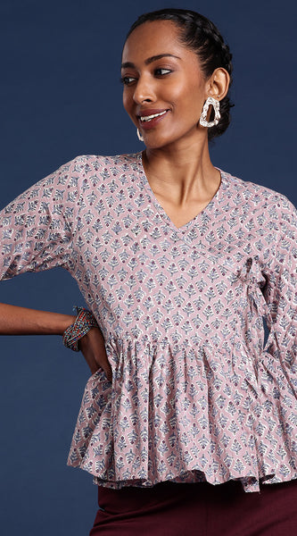 Svarchi Dusty Pink Ethnic Motif Peplum Top with V-Neck