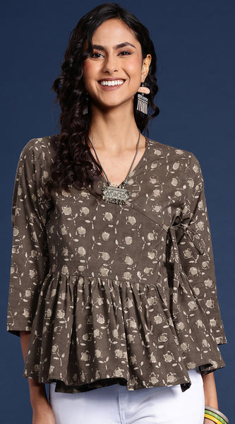 Svarchi Brown Pure Cotton Dabu Print Wrap Top