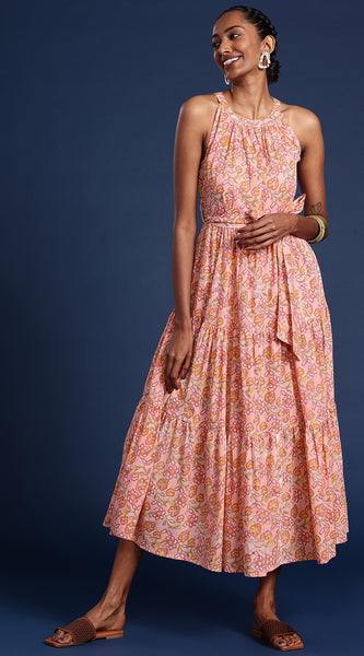 Svarchi Women Peach & Pink Bagru Print Ethnic Cotton A-Line Midi Dress