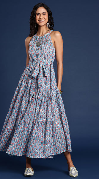Svarchi Women Blue & White Bagru Print Ethnic Cotton A-Line Midi Dress