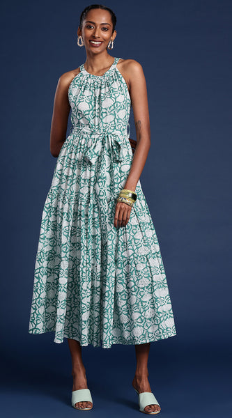 Svarchi Women Green & White Bagru Print Ethnic Cotton A-Line Midi Dress
