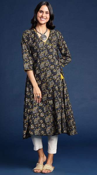 Svarchi Women Multi Kalamkari Hand Block Printed A-Line Angrakha Sustainable Kurta with Tie-Ups