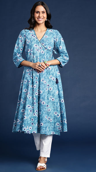 Svarchi Women Blue Bagru Hand Block Printed A-Line Angrakha Sustainable Kurta with Tie-Ups
