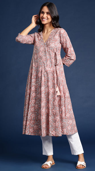 Svarchi Women Onion Bagru Hand Block Printed A-Line Angrakha Sustainable Kurta with Tie-Ups