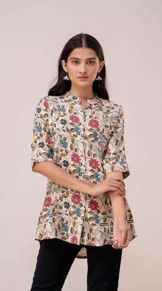 Svarchi Women's Viscose Rayon Floral print Straight Tunic (Beige)