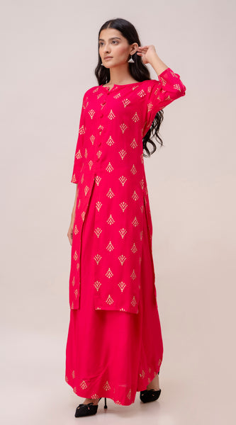 Svarchi Women's Rayon Gold Print Straight Kurta Skirt (Pink & Gold)