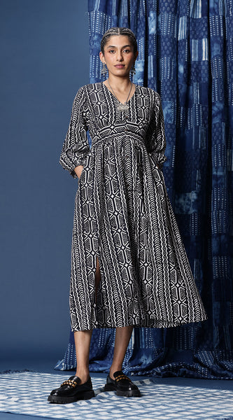 Svarchi Black Pure Cotton Block Print A-line Ethnic Dress