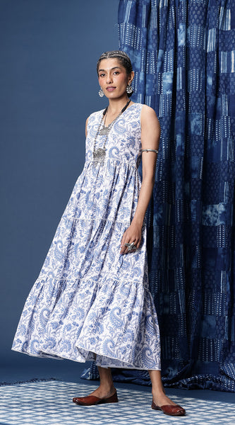 Svarchi Printed Sleeveless Tiered A-Line Block Print Legacy Ethnic Dress