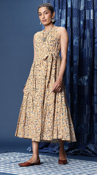 Svarchi Pure Cotton Ethnic Motifs Printed Halter Neck Fit & Flare Maxi Dress