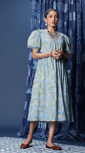 Svarchi Pure Cotton Floral Printed Puff-Sleeve A-Line Ethnic Dress