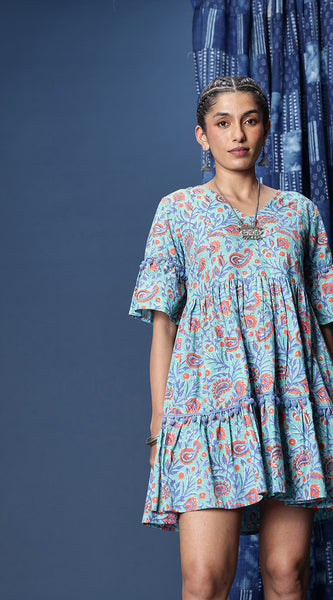 Svarchi Pure Cotton Floral Printed Above Knee A-Line Bagru Ethnic Dresses