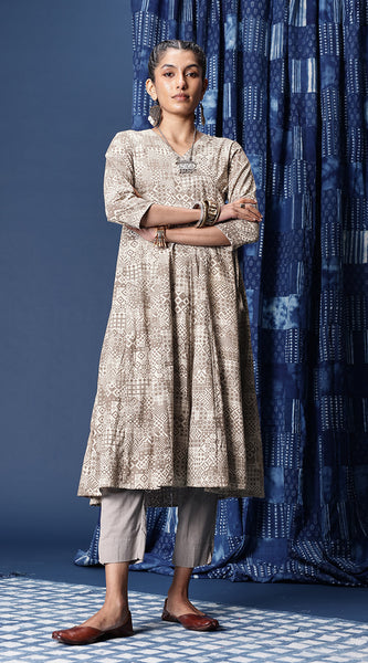 Svarchi Women Beige Hand Block Printed A-Line Angrakha Kurta with Tie-Ups