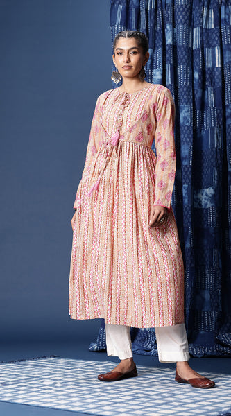 Svarchi Women Beige Block Printed A-Line Pure Cotton Kurta