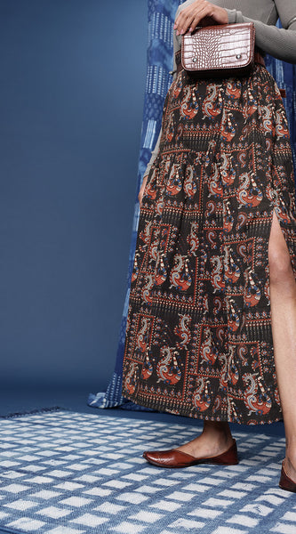 Svarchi Animal Printed Cotton Maxi Flared Skirt
