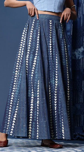 Svarchi Indigo strip Printed Cotton Maxi Flared Skirt