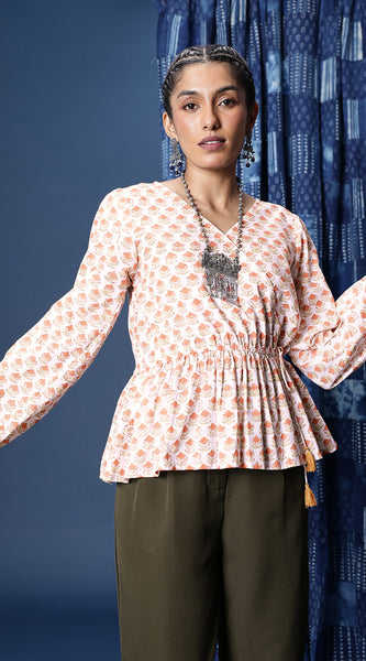 Svarchi Women White and Coral Bagru Printed Pure Cotton Wrap Top