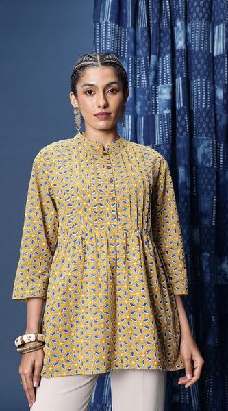 Svarchi Women Mustard Gometric Printed Pleated A-line Pure Cotton Top