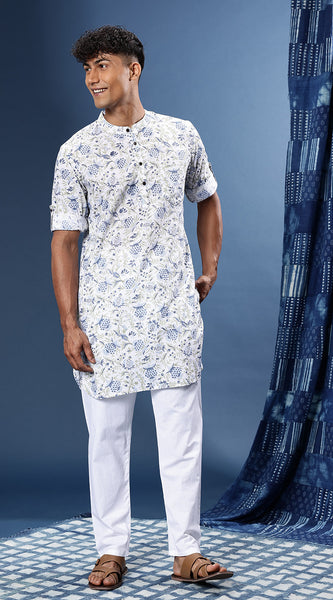 Svarchi Men White Floral Printed Regular Pure Cotton Sanganeri Folk Kurta with Pyjamas