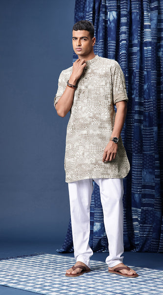 Svarchi Men Beige Geometric Printed Regular Pure Cotton Folk Kurta with Pyjamas