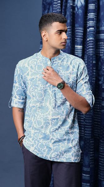 Svarchi Men Blue Animal Block Printed Straight Kurta with Roll-Up Sleeves