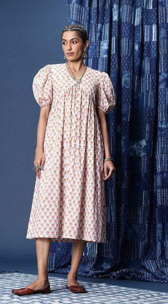 Svarchi Pure White Cotton Floral Printed Puff-Sleeve A-Line Ethnic Dress
