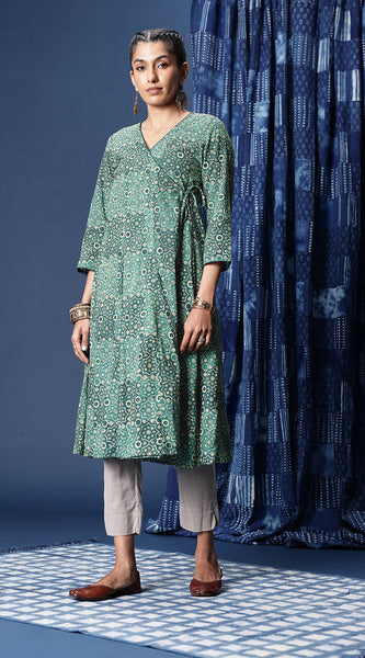 Svarchi Women Teal Blue Hand Block Printed A-Line Angrakha Kurta with Tie-Ups