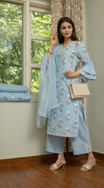 Svarchi Vivid Cerulean and White Shiny Premium Cotton Silver Foil Printed Suit Set With Organza Dupatta