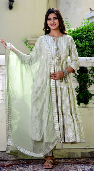 Svarchi Green printed tiered kurta with pencil pant and chiffon Dupatta