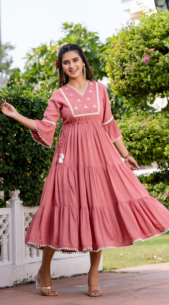 Svarchi Mirror Embroidered Bell Sleeves Tiered Crepe Midi Dress