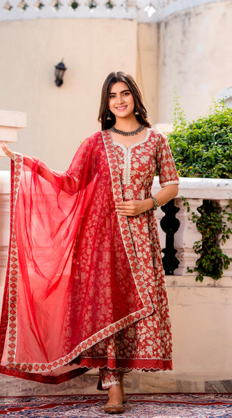 Svarchi Maroon flared Kurta with Pant and Organza Dupatta