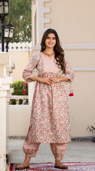 Svarchi Pink Floral Gold Printed Kurta with Salwar