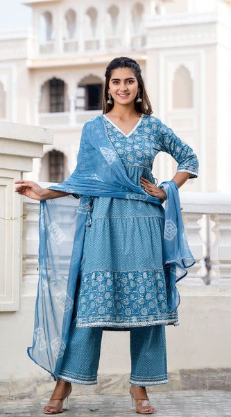 Svarchi Blue Straight Kurta with Pant and Chiffon Dupatta