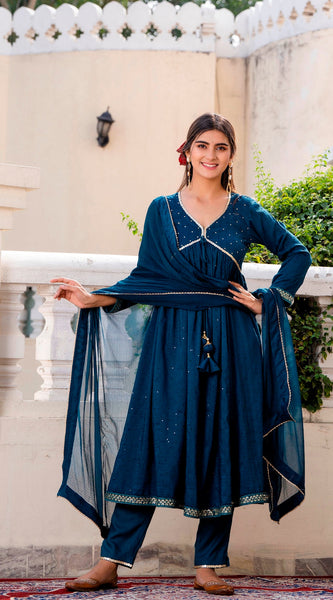 Svarchi Teal Kurta with Pant and Chiffon Dupatta