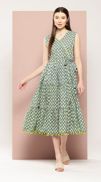 Svarchi Womens Grey Cotton Floral Printed Tiered Maxi Dress