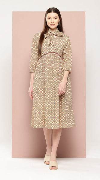 Svarchi Womens Beige Cotton Geometric Printed A-Line Midi Dress