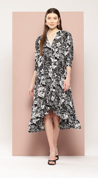 Svarchi Womens Black Cotton Floral Printed A-Line Midi Dress