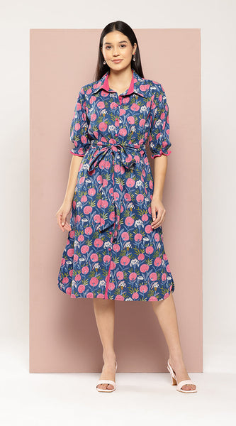 Svarchi Womens Blue Cotton Floral Printed A-Line Midi Dress