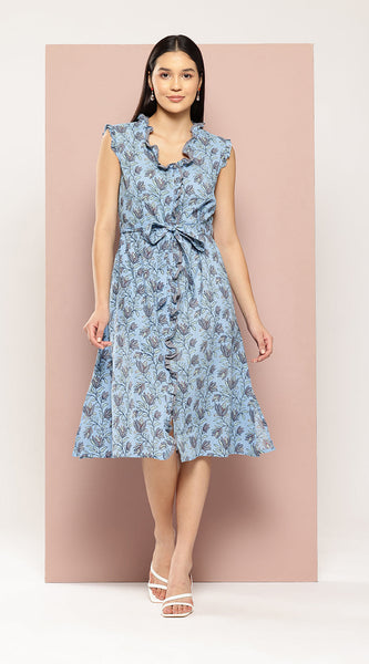 Svarchi Womens Light Blue Cotton Floral Printed A-Line Midi Dress