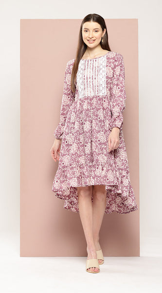 Svarchi Womens Purple Cotton Ethnic Motifs Printed A-Line Midi Dress