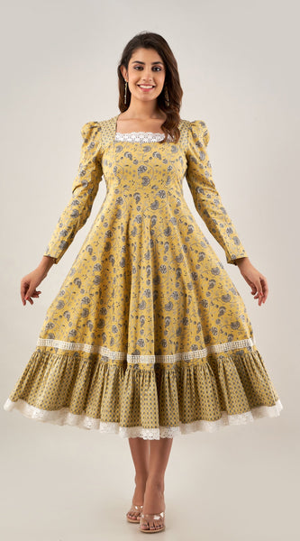 Svarchi Yellow Cotton printed  flared dress