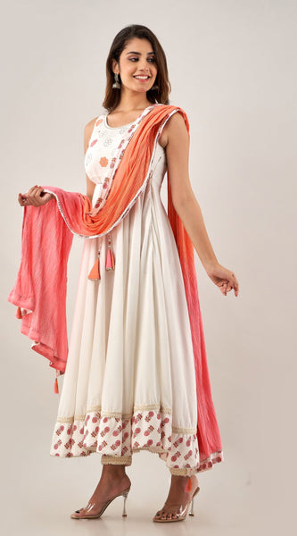 Svarchi Flared white cotton kurta with printed pant and tie dye ombre crushed dupatta