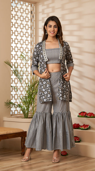 Svarchi Grey and White Printed Co-ord Set with Jacket