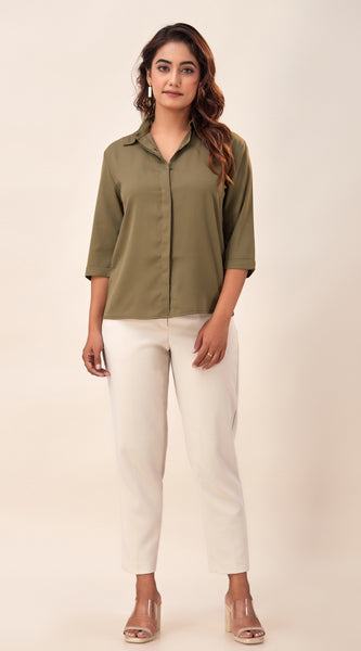 Svarchi Womens Poly Crepe Solid Casual Shirt (Olive green)